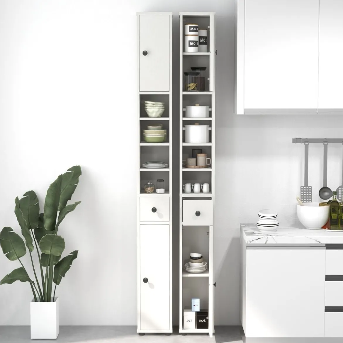 Schmaler Badschrank mit 2 Türen & 1 Schublade & Verstellbaren Regalen Badezimmerschrank Weiß
