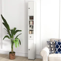 Schmaler Badschrank mit 2 Türen & 1 Schublade & Verstellbaren Regalen Badezimmerschrank Weiß