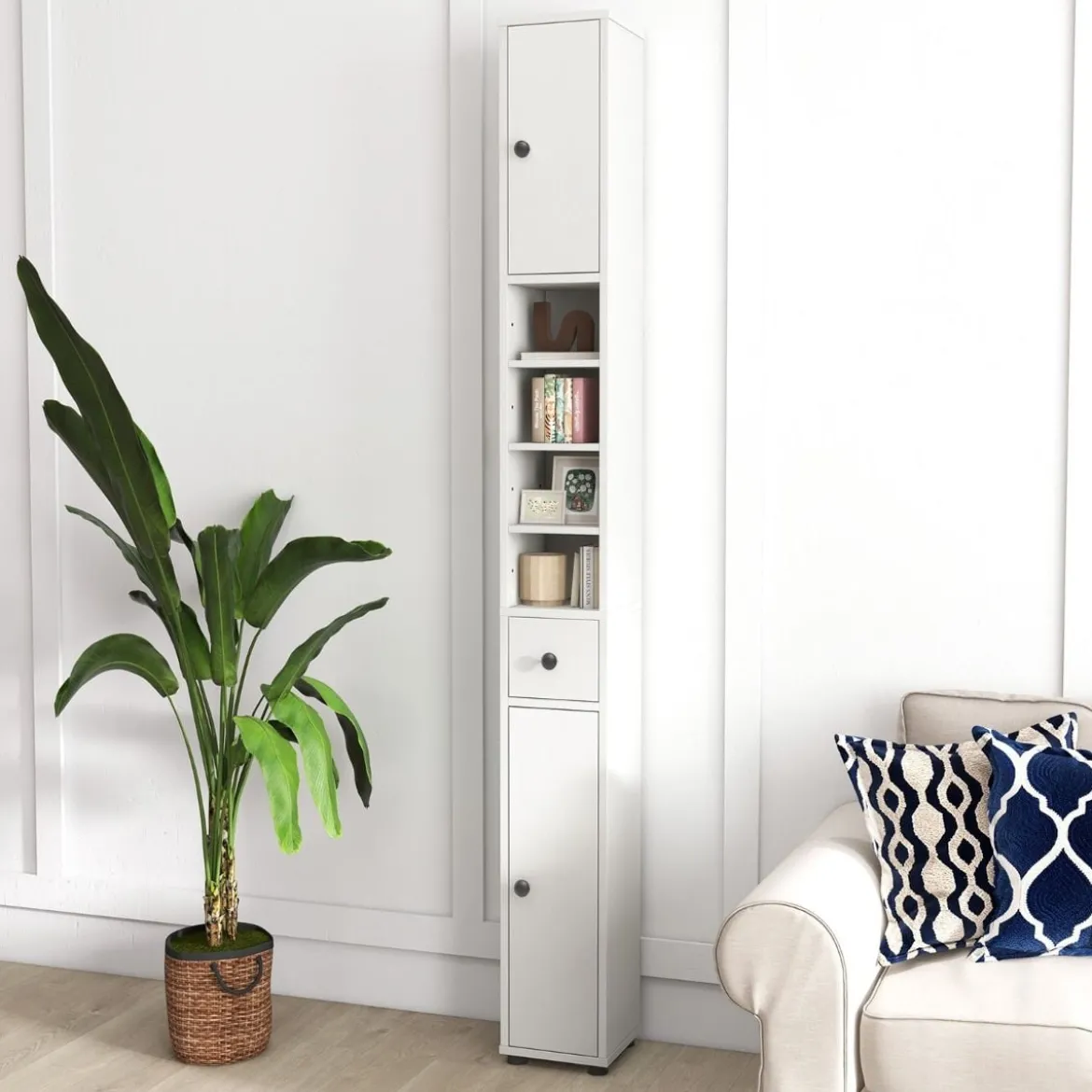 Schmaler Badschrank mit 2 Türen & 1 Schublade & Verstellbaren Regalen Badezimmerschrank Weiß