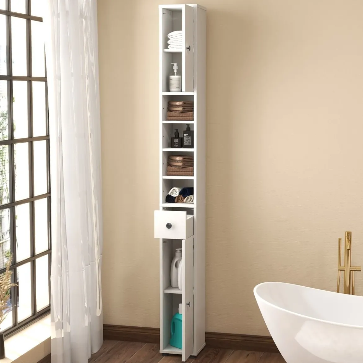 Schmaler Badschrank mit 2 Türen & 1 Schublade & Verstellbaren Regalen Badezimmerschrank Weiß