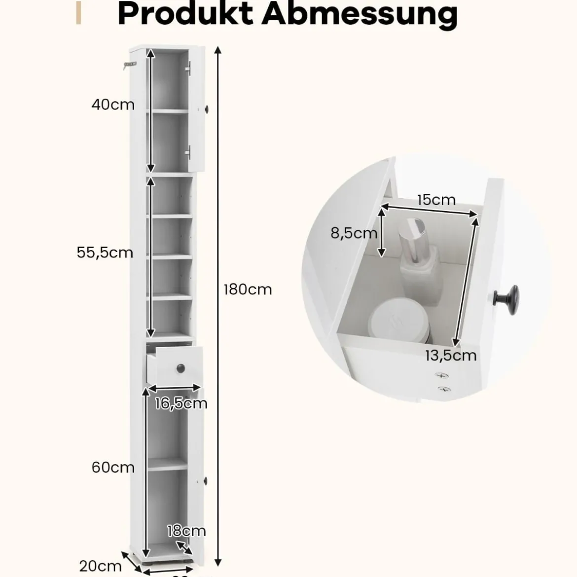 Schmaler Badschrank mit 2 Türen & 1 Schublade & Verstellbaren Regalen Badezimmerschrank Weiß