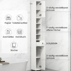 Schmaler Badschrank mit 2 Türen & 1 Schublade & Verstellbaren Regalen Badezimmerschrank Weiß