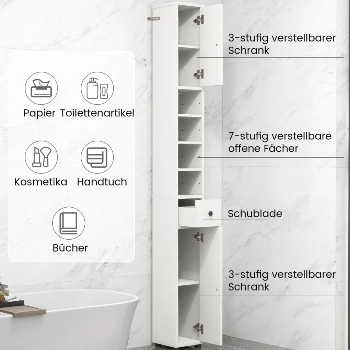 Schmaler Badschrank mit 2 Türen & 1 Schublade & Verstellbaren Regalen Badezimmerschrank Weiß