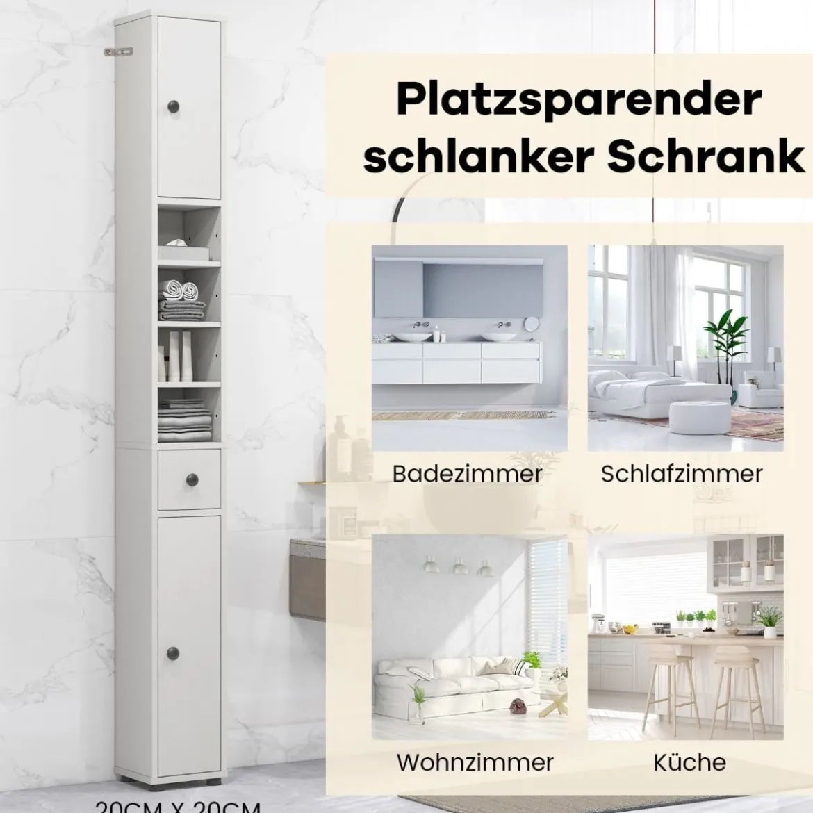 Schmaler Badschrank mit 2 Türen & 1 Schublade & Verstellbaren Regalen Badezimmerschrank Weiß