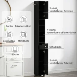 Schmaler Badschrank mit 2 Türen & 1 Schublade & Verstellbaren Regalen Badezimmerschrank Schwarz