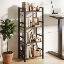 Schmaler Bücherregal 4-stöckiges freistehendes Standregal mit robustem Metallrahmen Rustikal Braun