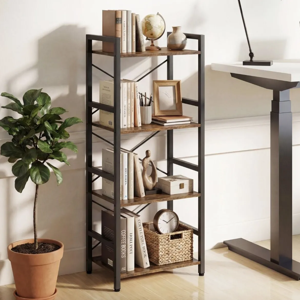 Schmaler Bücherregal 4-stöckiges freistehendes Standregal mit robustem Metallrahmen Rustikal Braun