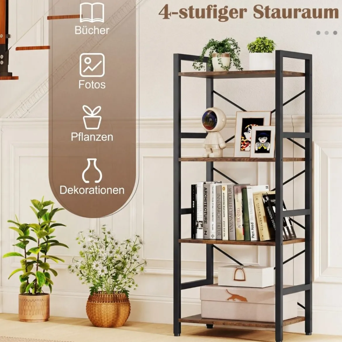 Schmaler Bücherregal 4-stöckiges freistehendes Standregal mit robustem Metallrahmen Rustikal Braun