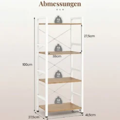 Schmaler Bücherregal 4-stöckiges freistehendes Standregal mit robustem Metallrahmen Natur