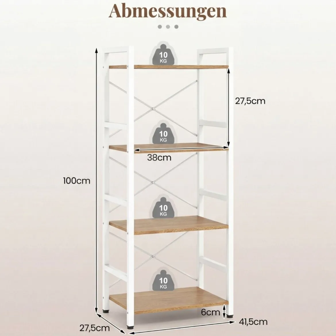 Schmaler Bücherregal 4-stöckiges freistehendes Standregal mit robustem Metallrahmen Natur