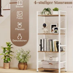 Schmaler Bücherregal 4-stöckiges freistehendes Standregal mit robustem Metallrahmen Natur