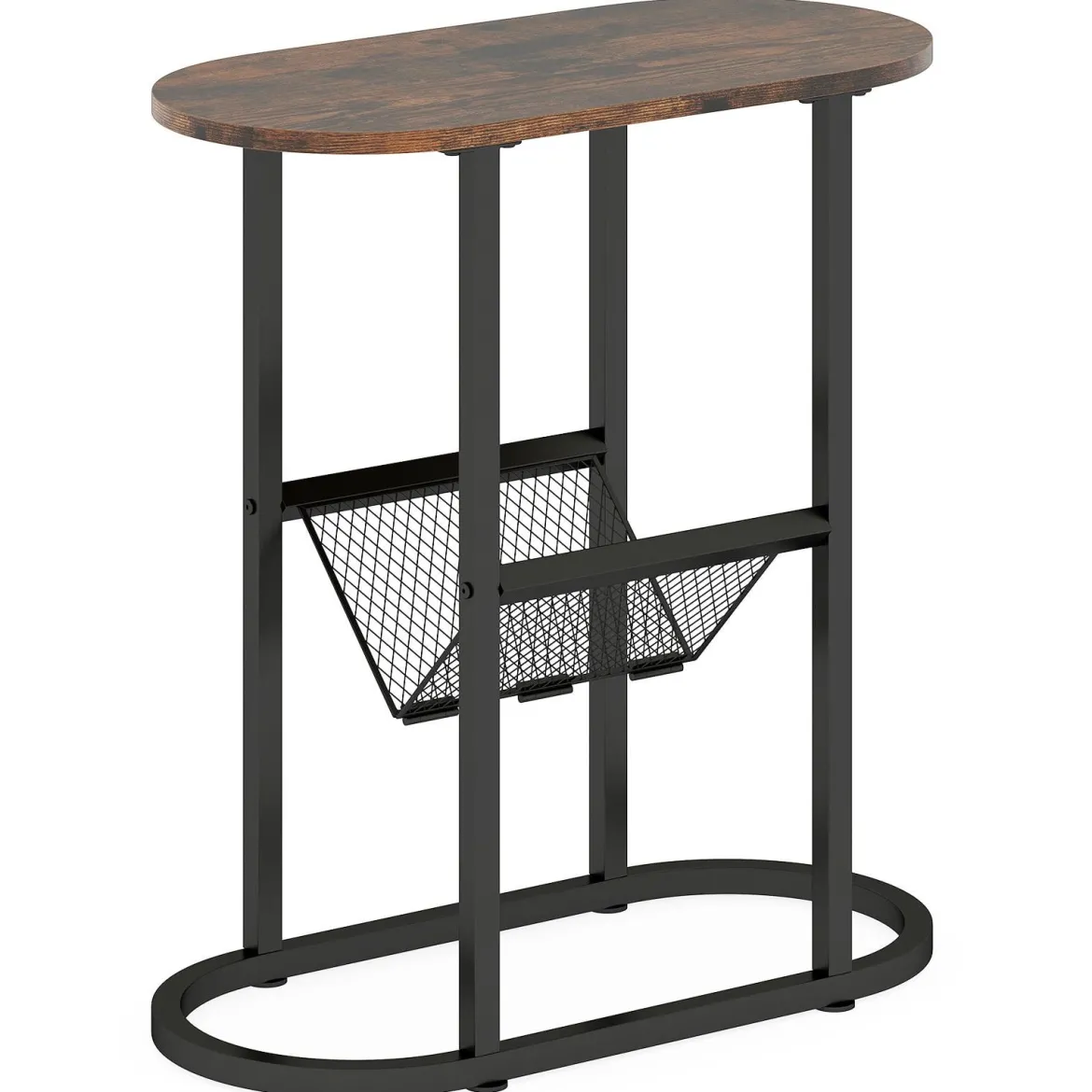 Schmaler Beistelltisch 2-stufiger ovaler Nachttisch mit Zeitschriftenschlinge platzsparender Sofatisch Rustikales Braun