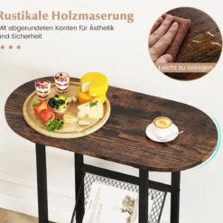 Schmaler Beistelltisch 2-stufiger ovaler Nachttisch mit Zeitschriftenschlinge platzsparender Sofatisch Rustikales Braun
