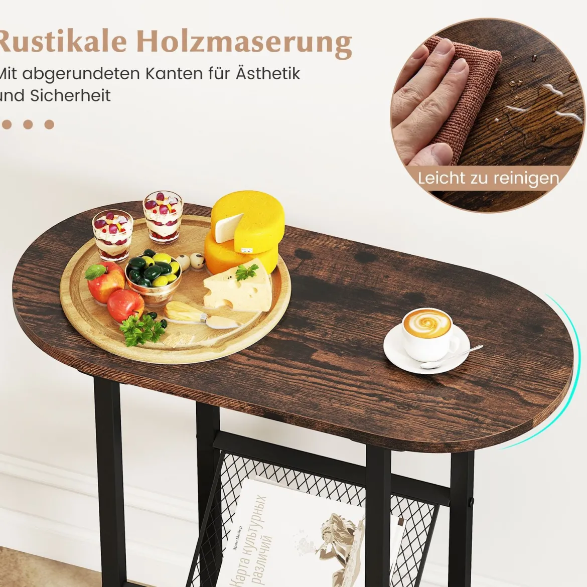 Schmaler Beistelltisch 2-stufiger ovaler Nachttisch mit Zeitschriftenschlinge platzsparender Sofatisch Rustikales Braun