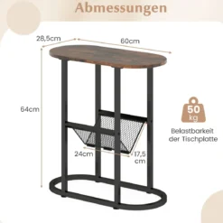 Schmaler Beistelltisch 2-stufiger ovaler Nachttisch mit Zeitschriftenschlinge platzsparender Sofatisch Rustikales Braun