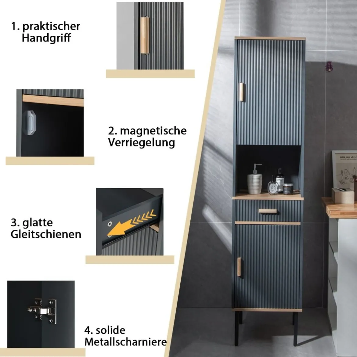 Schmaler Hochschrank mit 5 Fächern & 2 Türen & Verstellbaren Regalen Grau