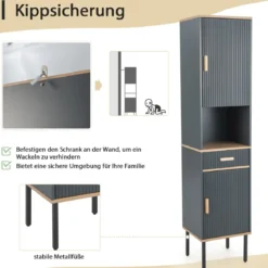 Schmaler Hochschrank mit 5 Fächern & 2 Türen & Verstellbaren Regalen Grau
