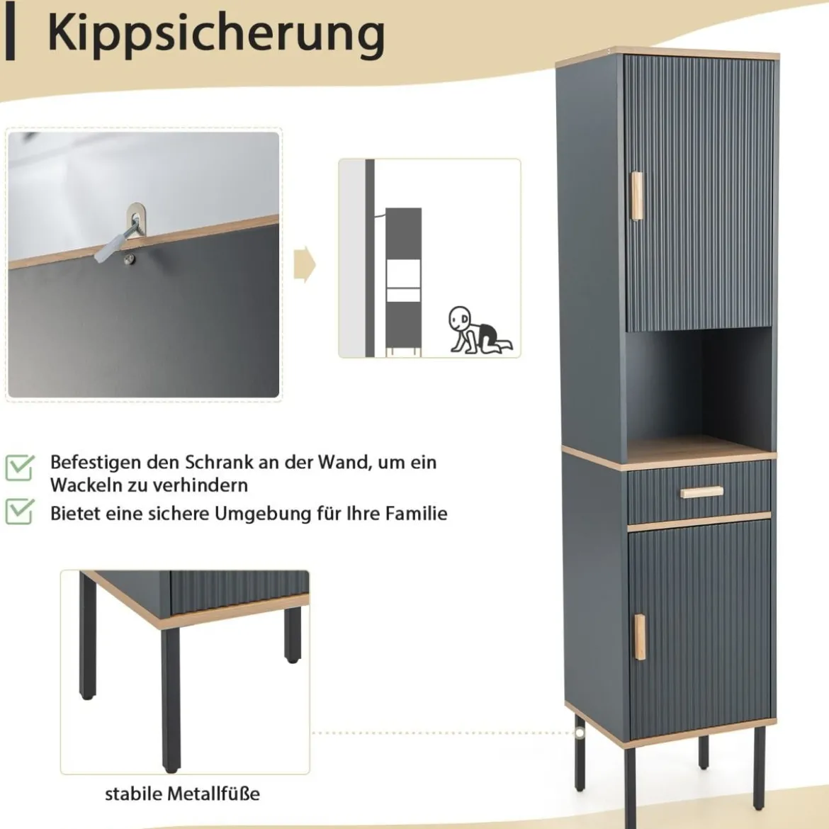 Schmaler Hochschrank mit 5 Fächern & 2 Türen & Verstellbaren Regalen Grau