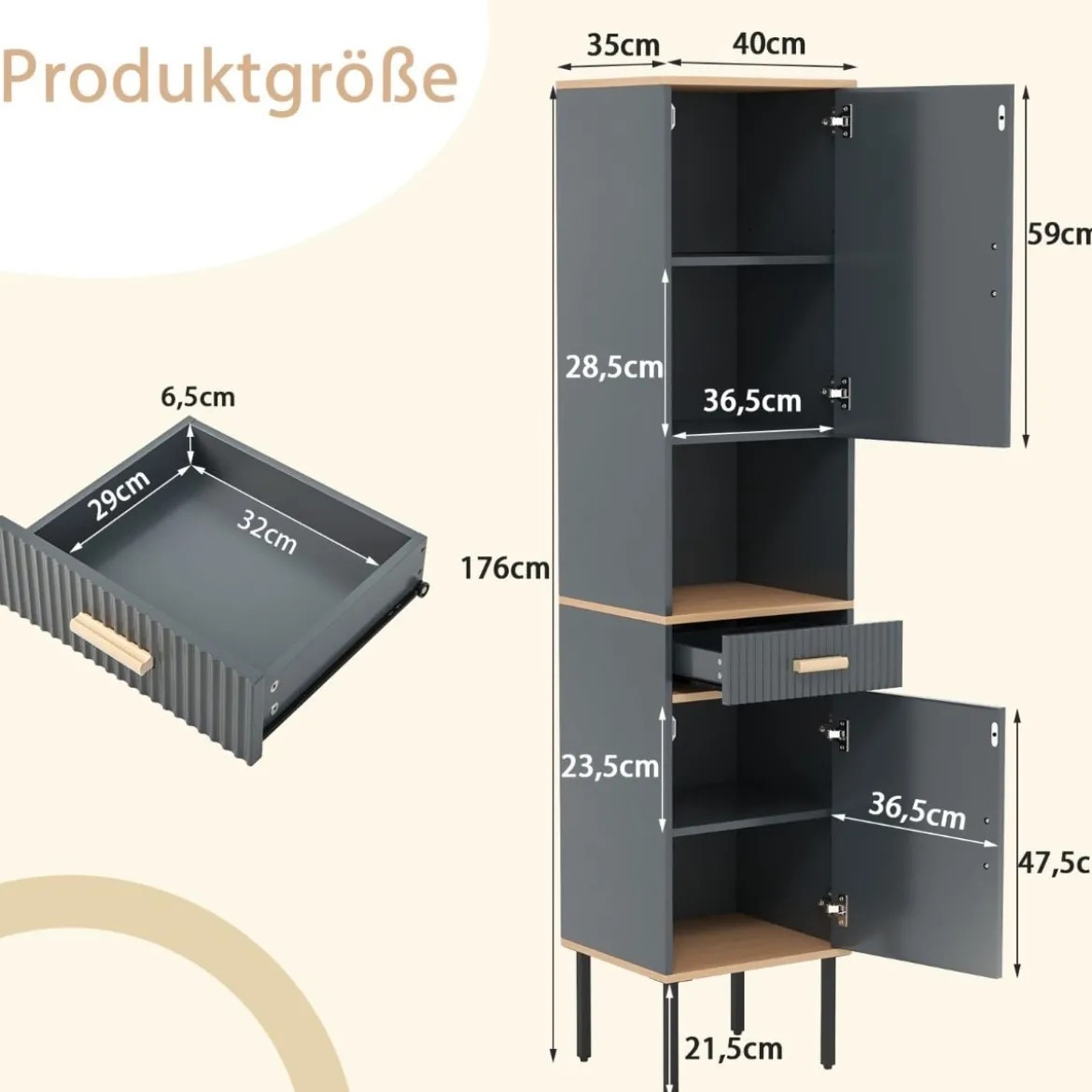 Schmaler Hochschrank mit 5 Fächern & 2 Türen & Verstellbaren Regalen Grau