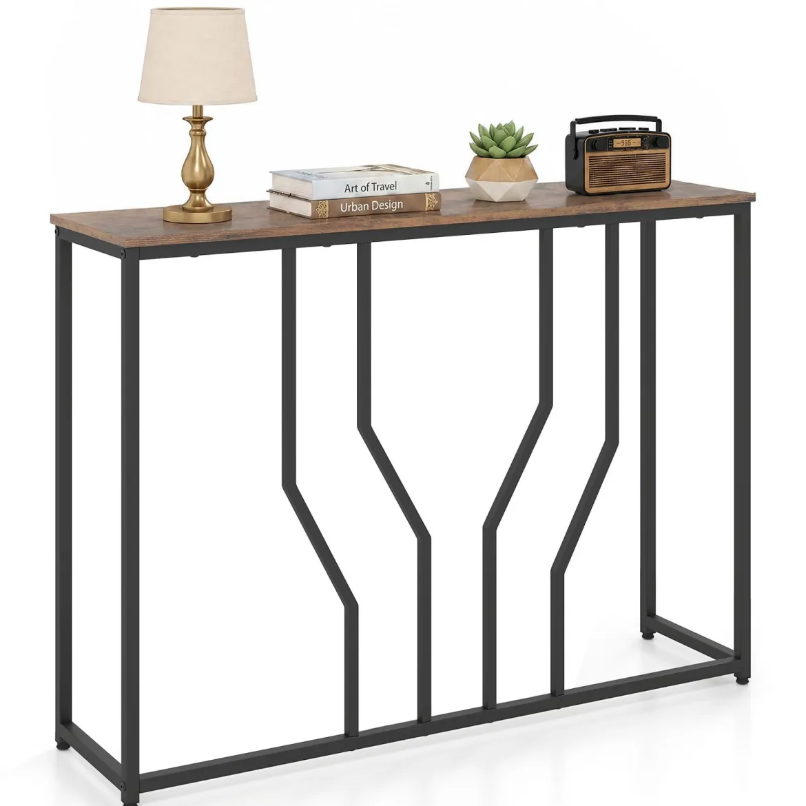 Schmaler Konsolentisch aus Metall mit Kippschutz-Vorrichtungen 110 x 30 x 80 cm Rustikales Braun