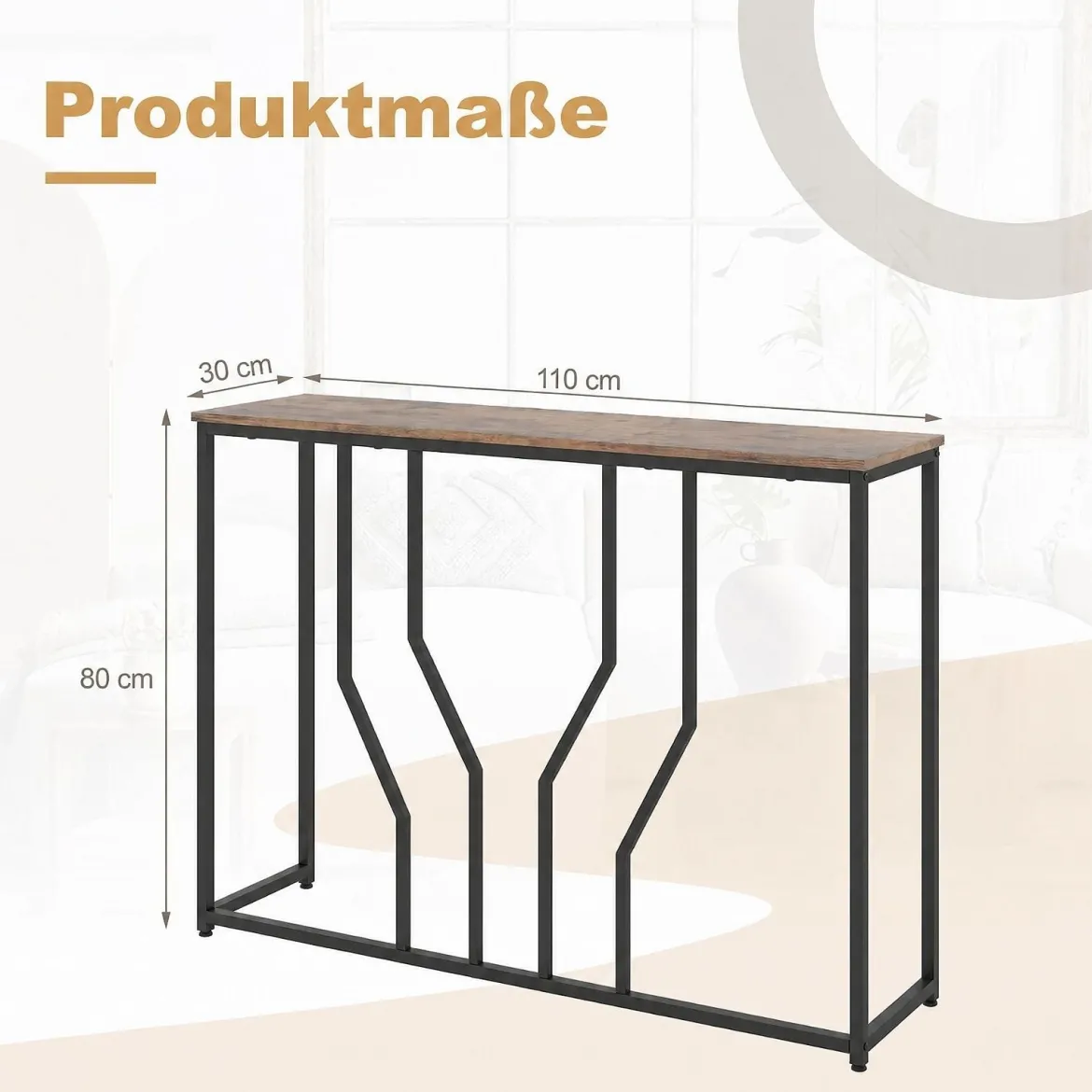 Schmaler Konsolentisch aus Metall mit Kippschutz-Vorrichtungen 110 x 30 x 80 cm Rustikales Braun