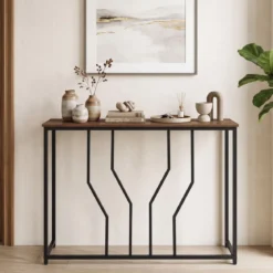 Schmaler Konsolentisch aus Metall mit Kippschutz-Vorrichtungen 110 x 30 x 80 cm Rustikales Braun