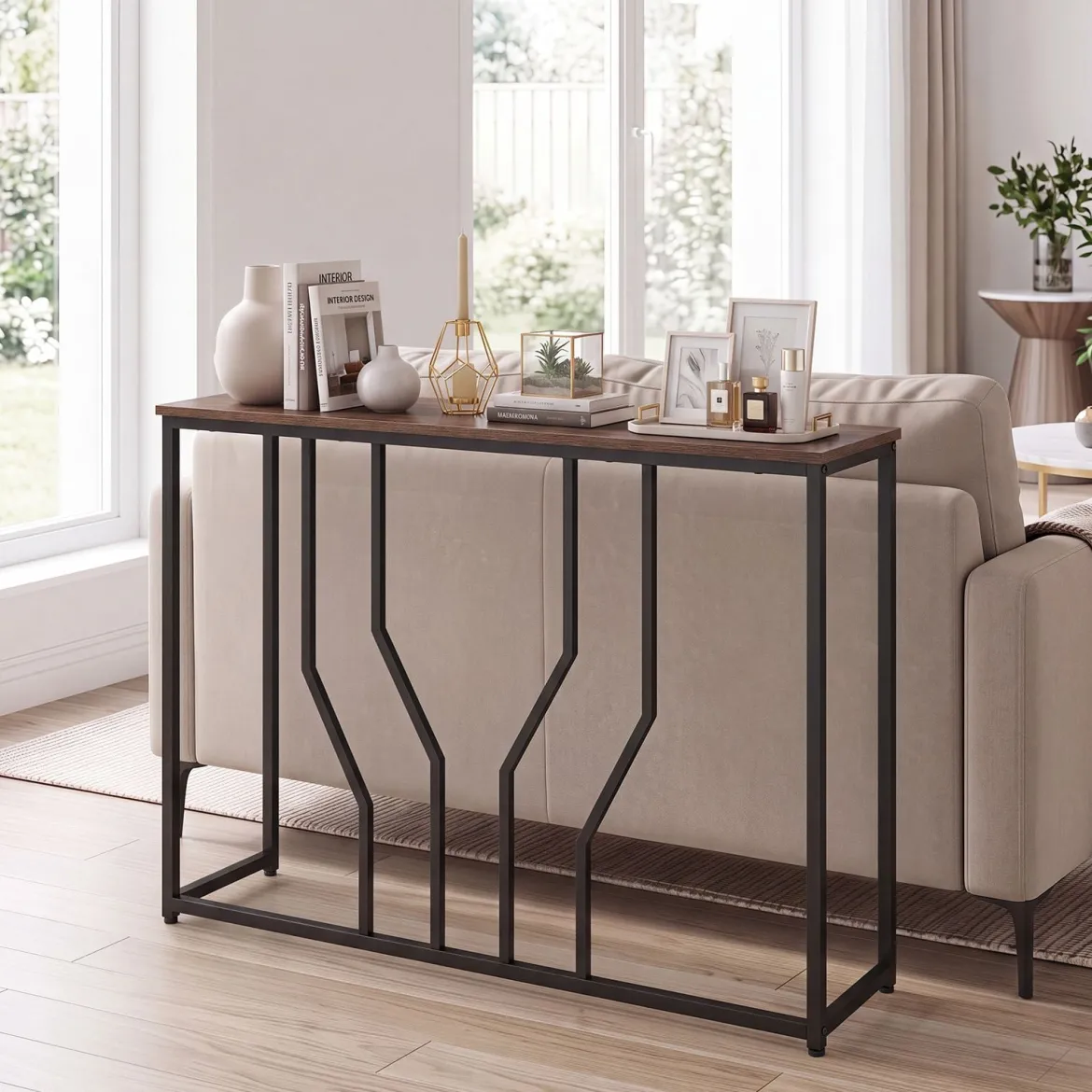 Schmaler Konsolentisch aus Metall mit Kippschutz-Vorrichtungen 110 x 30 x 80 cm Rustikales Braun