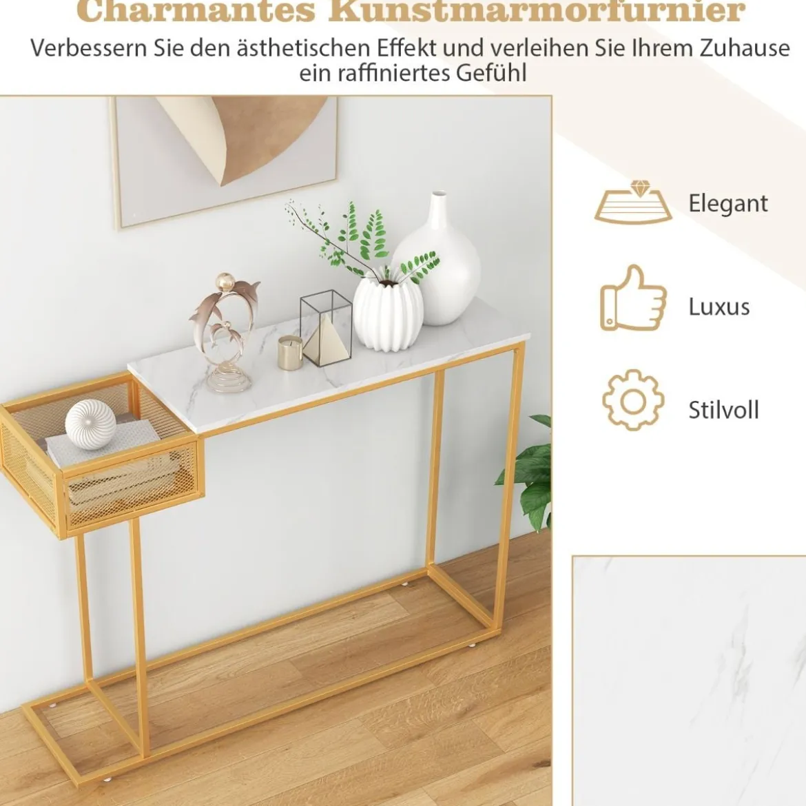 Schmaler Konsolentisch aus Weißem Kunstmarmor mit Goldenem Metallrahmen & Korb