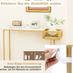 Schmaler Konsolentisch aus Weißem Kunstmarmor mit Goldenem Metallrahmen & Korb