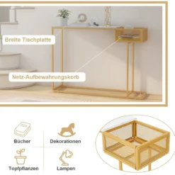 Schmaler Konsolentisch aus Weißem Kunstmarmor mit Goldenem Metallrahmen & Korb