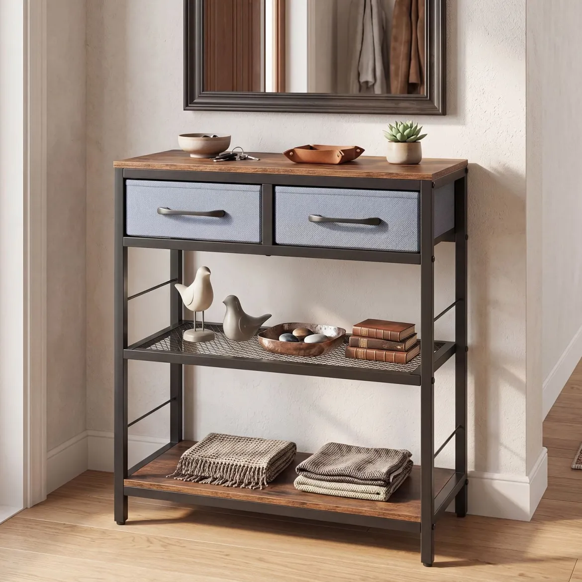 Schmaler Konsolentisch Eingangstisch mit 2 Stoffschubladen & Offenen Regalen 60 x 30 x 81 cm Rustikalbraun