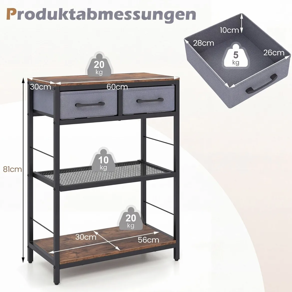 Schmaler Konsolentisch Eingangstisch mit 2 Stoffschubladen & Offenen Regalen 60 x 30 x 81 cm Rustikalbraun