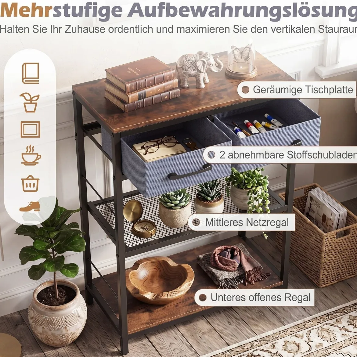 Schmaler Konsolentisch Eingangstisch mit 2 Stoffschubladen & Offenen Regalen 60 x 30 x 81 cm Rustikalbraun