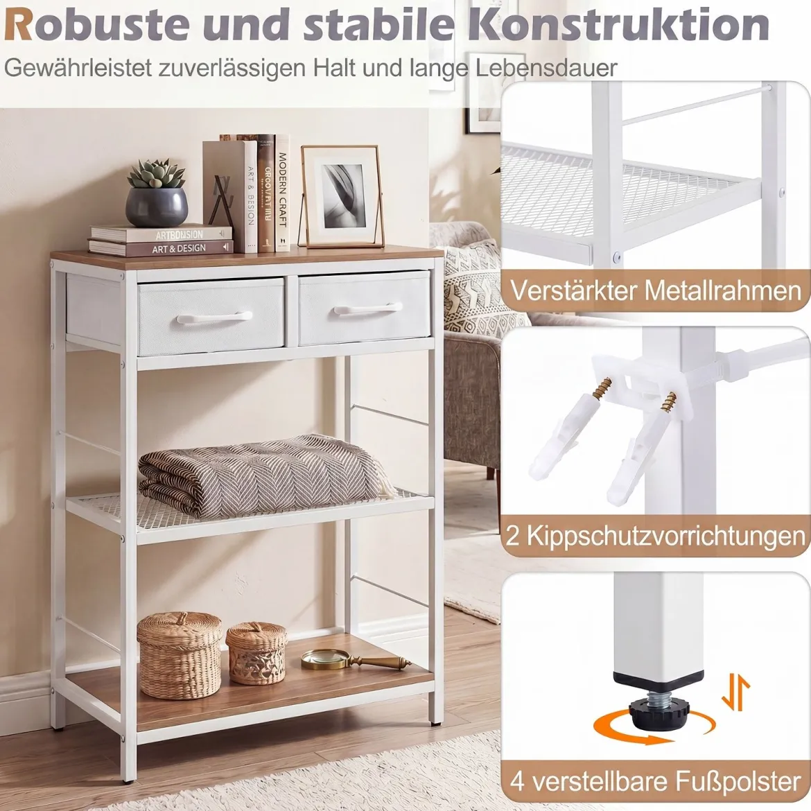 Schmaler Konsolentisch Eingangstisch mit 2 Stoffschubladen & Offenen Regalen 60 x 30 x 81 cm Natur
