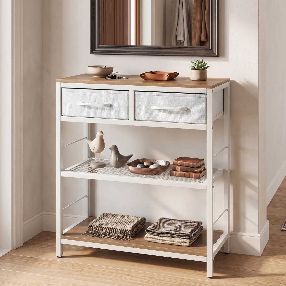 Schmaler Konsolentisch Eingangstisch mit 2 Stoffschubladen & Offenen Regalen 60 x 30 x 81 cm Natur