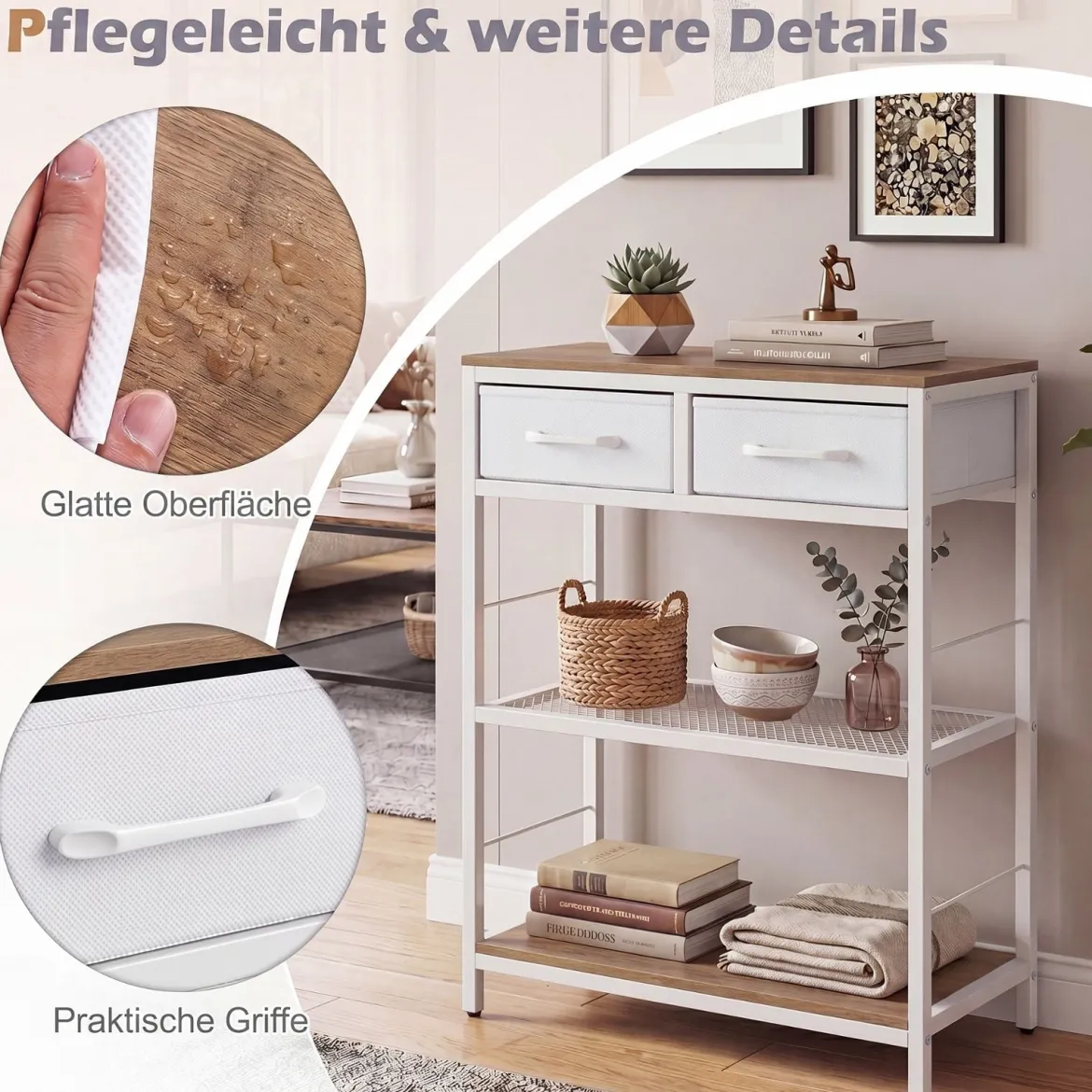 Schmaler Konsolentisch Eingangstisch mit 2 Stoffschubladen & Offenen Regalen 60 x 30 x 81 cm Natur