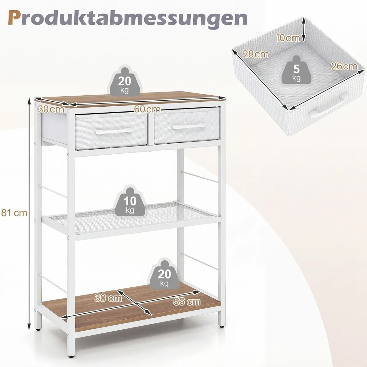 Schmaler Konsolentisch Eingangstisch mit 2 Stoffschubladen & Offenen Regalen 60 x 30 x 81 cm Natur