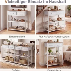 Schmaler Konsolentisch Eingangstisch mit 2 Stoffschubladen & Offenen Regalen 60 x 30 x 81 cm Natur