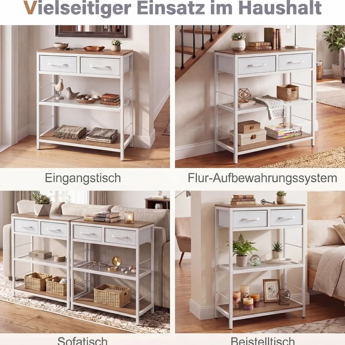 Schmaler Konsolentisch Eingangstisch mit 2 Stoffschubladen & Offenen Regalen 60 x 30 x 81 cm Natur