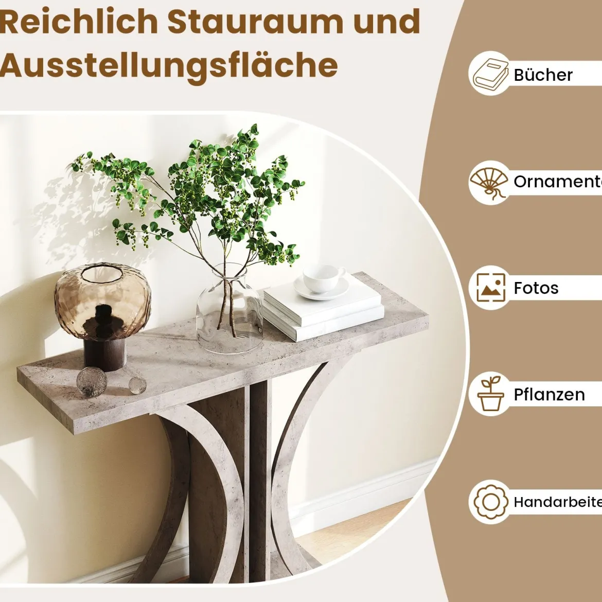 Schmaler Konsolentisch mit Geometrischem Metallgestell im Industriestil Flurtisch Sofatisch Grau