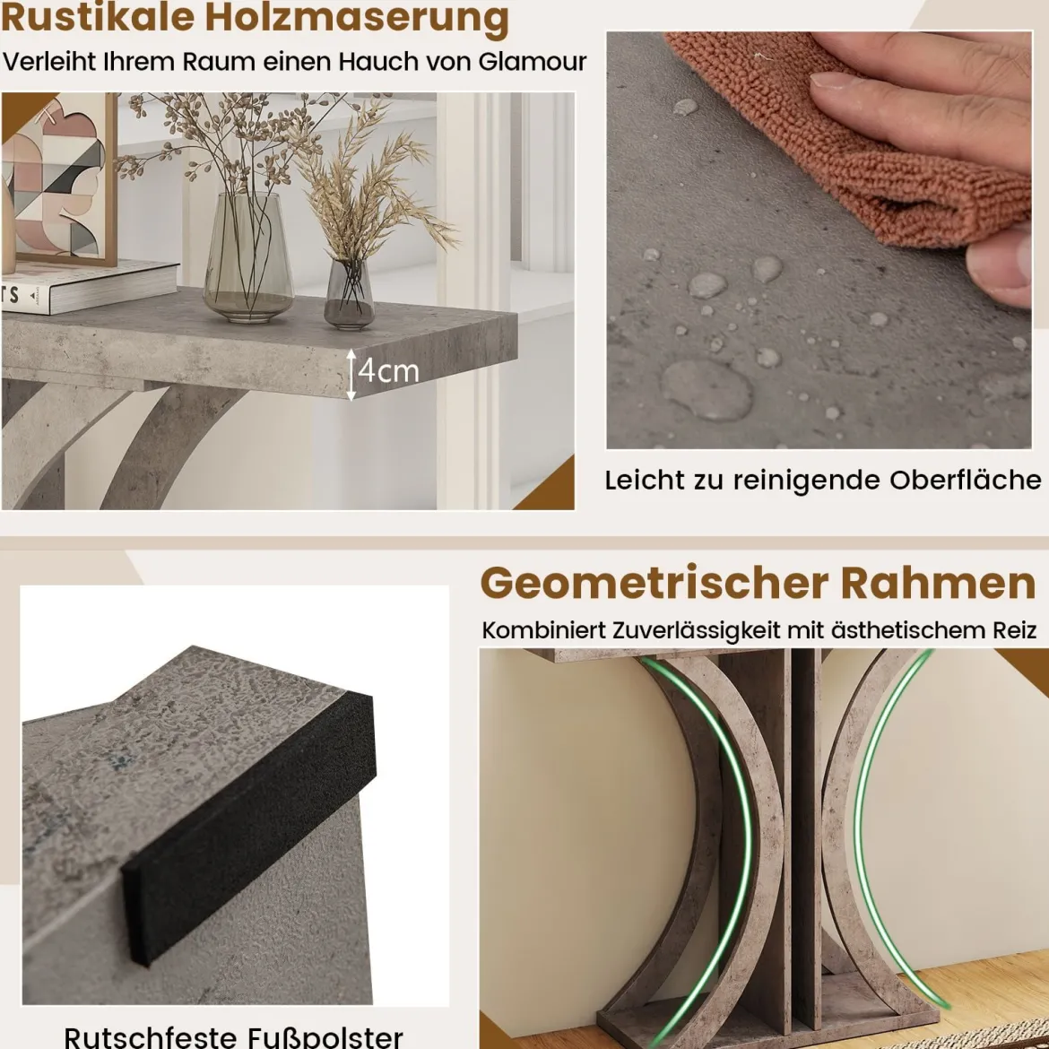Schmaler Konsolentisch mit Geometrischem Metallgestell im Industriestil Flurtisch Sofatisch Grau