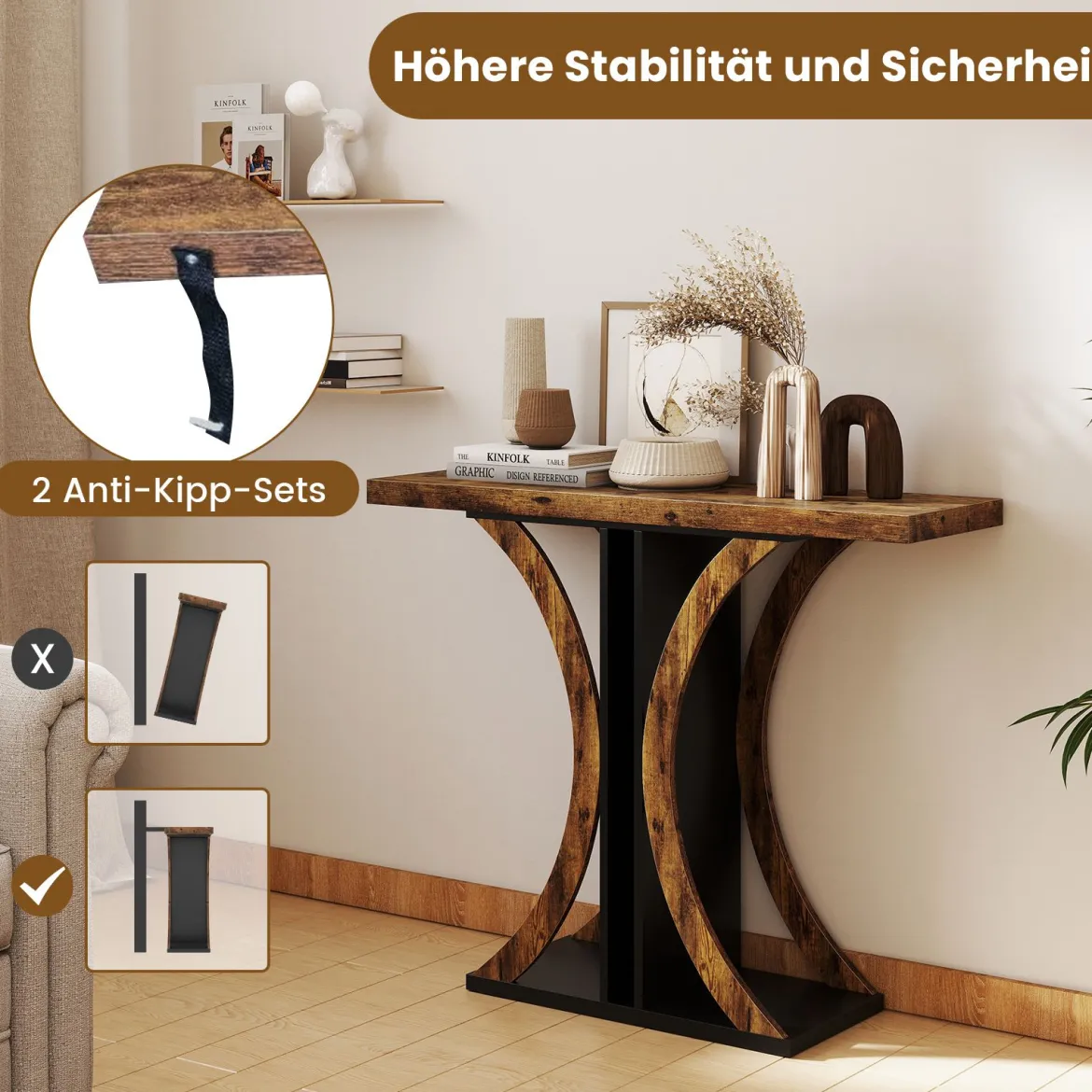Schmaler Konsolentisch mit Geometrischem Metallgestell im Industriestil Flurtisch Sofatisch Braun