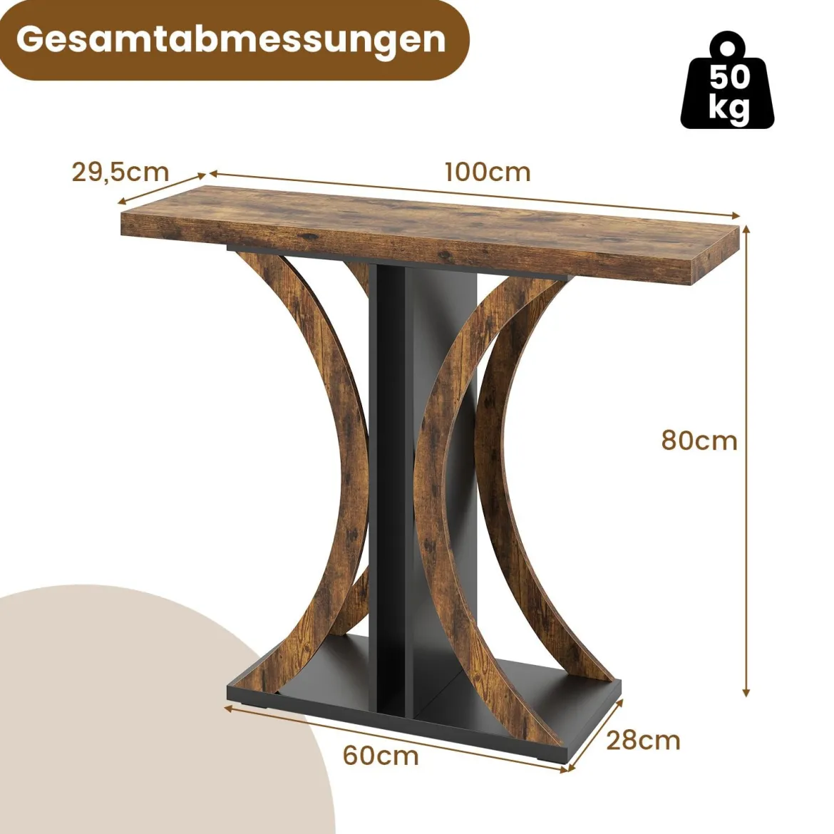 Schmaler Konsolentisch mit Geometrischem Metallgestell im Industriestil Flurtisch Sofatisch Braun