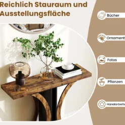 Schmaler Konsolentisch mit Geometrischem Metallgestell im Industriestil Flurtisch Sofatisch Braun