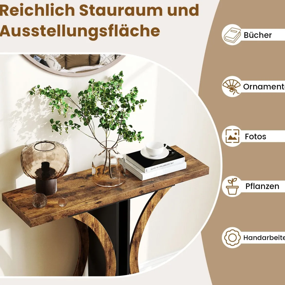Schmaler Konsolentisch mit Geometrischem Metallgestell im Industriestil Flurtisch Sofatisch Braun