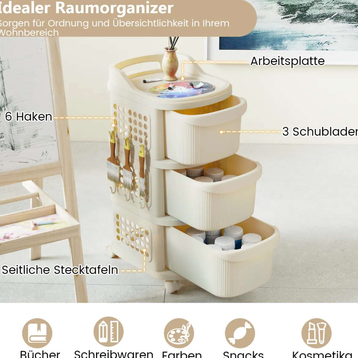 Schmaler Nischenschrank auf Rollen Nischenregal mit 3 Schubladen & Pegboard Nischenwagen