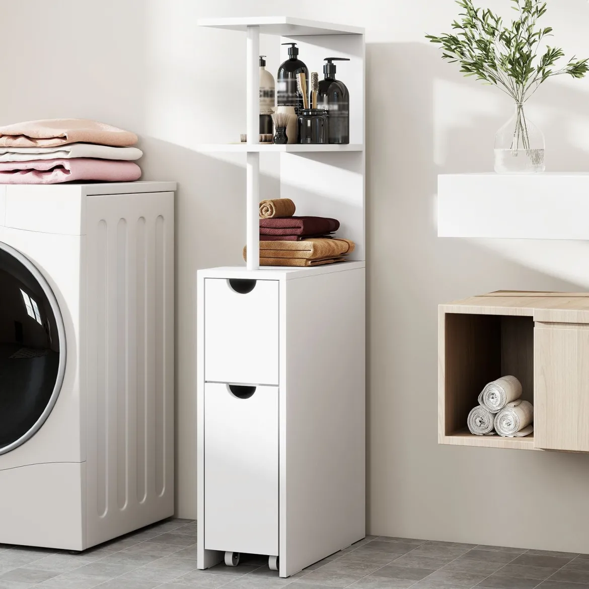 Schmaler Nischenschrank mit Offenen Regalen & Schublade & Herausziehbarem Wage Badschrank