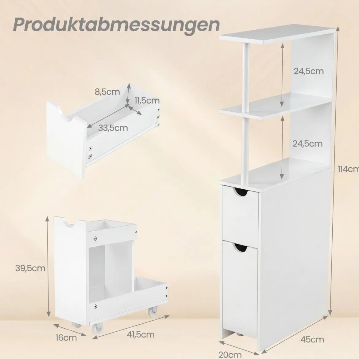 Schmaler Nischenschrank mit Offenen Regalen & Schublade & Herausziehbarem Wage Badschrank