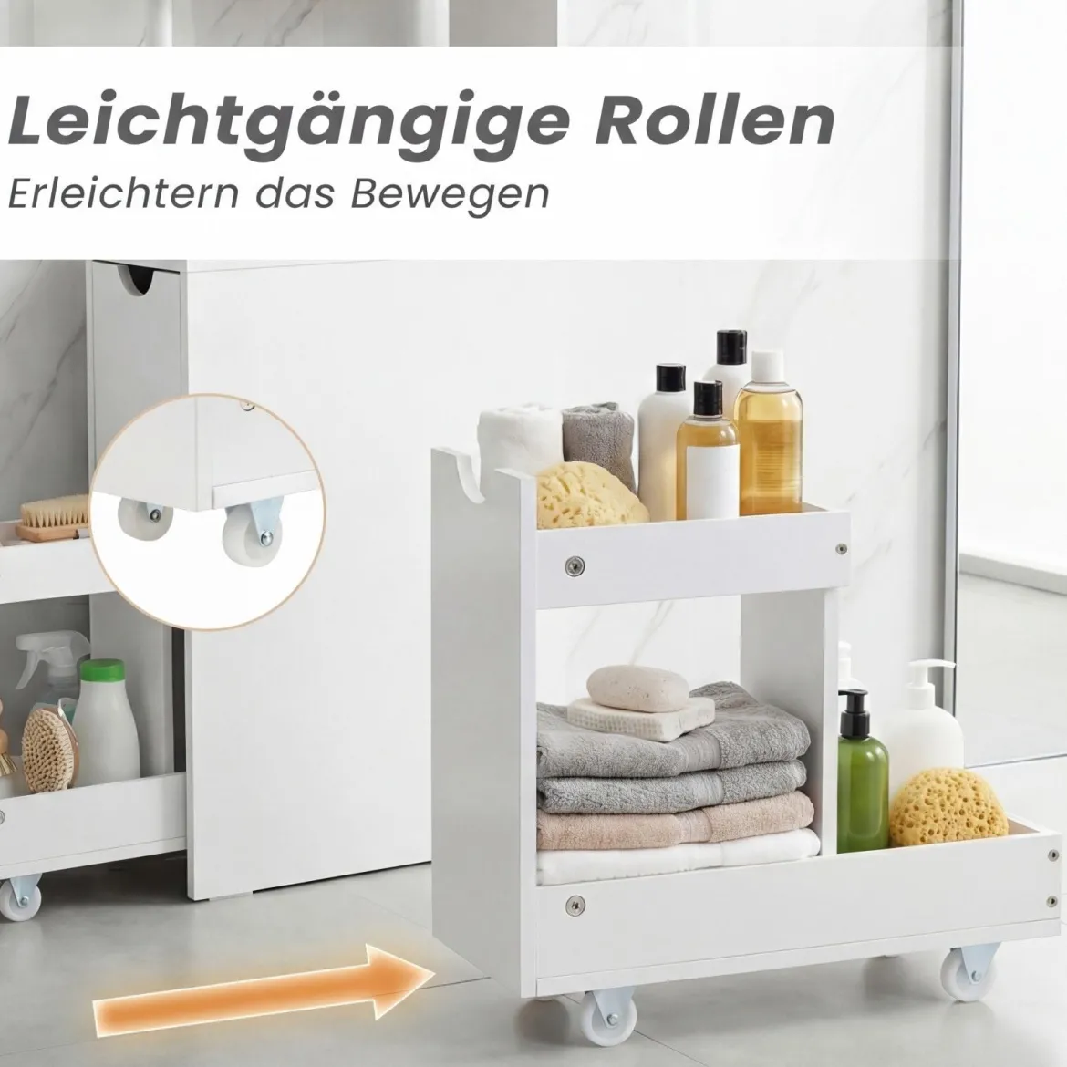 Schmaler Nischenschrank mit Offenen Regalen & Schublade & Herausziehbarem Wage Badschrank
