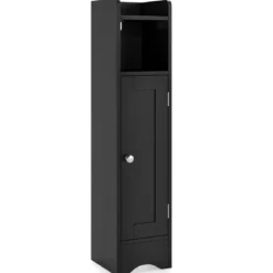 Schmaler Toilettenschrank mit Offenem Fach & 2 Verstellbare Ablagen Badschrank Schwarz